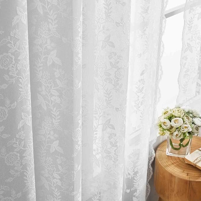 FINECITY White Lace Curtains Rustic Leaf Floral 42 x 84 Inch, 2 Panels | Rod - Image 6