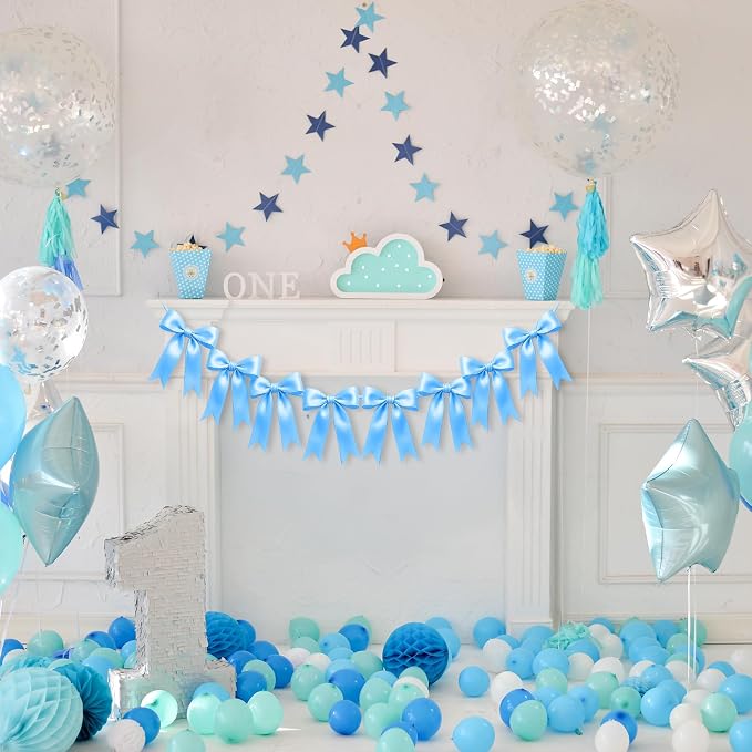 1 String of 8PCS Blue Bow Garland Banner Decoration, Pre-Strung Satin Ribbon - Image 4