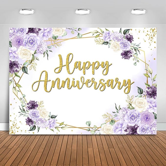 Happy Anniversary Backdrop 7x5ft Purple and White Flowers Anniversary Party by Fitumiw