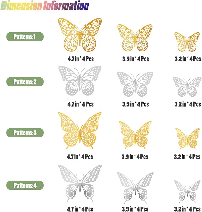 SAOROPEB 3D Butterfly Wall Decor 48 Pcs 4 Styles 3 Sizes, Butterfly Birthday - Image 6