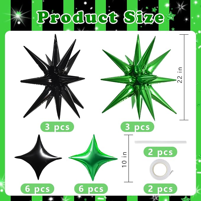 TONIFUL 22Inch 18Pcs Black Green Large Explosion Star Mylar Balloons and 10Inch - Image 2