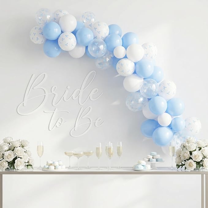 HILAVO Blue Bow Balloons, 12 Inch Pastel Light Blue Transparent White Bow Print - Image 7