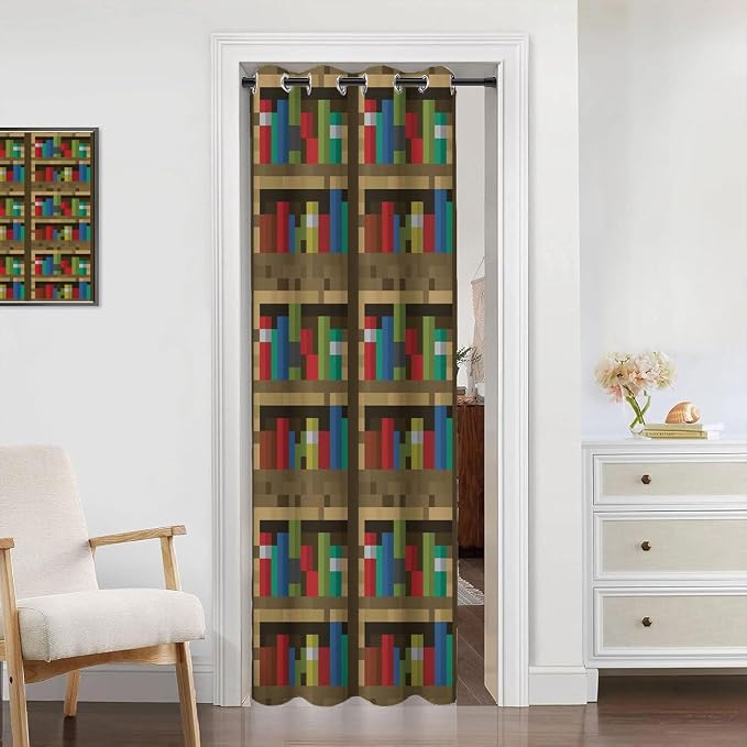 Pixelated Bookshelf Curtain, Educational Bookcase Pixel Art Video Game Closet - Image 2