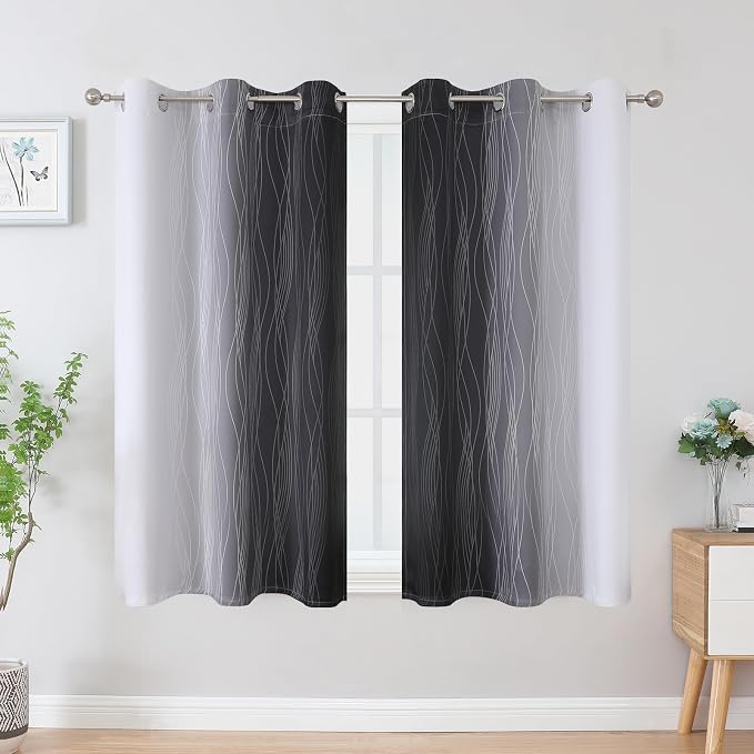 Black and Greyish White Blackout Curtains 45 Inch Length, Light Blocking - Image 2