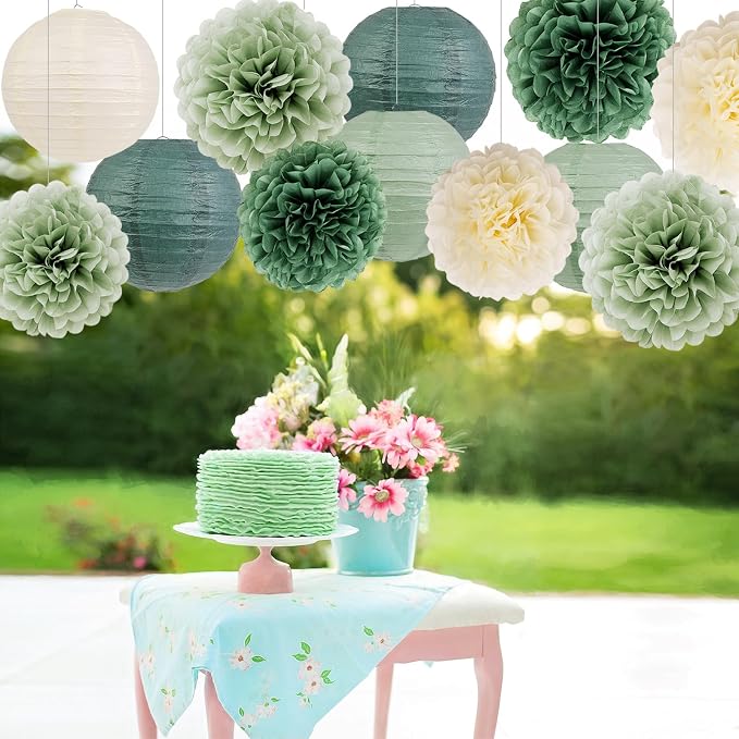 Green Birthday Party Decorations Paper Lanterns and Pom Poms 15pcs Set | Baby - Image 3