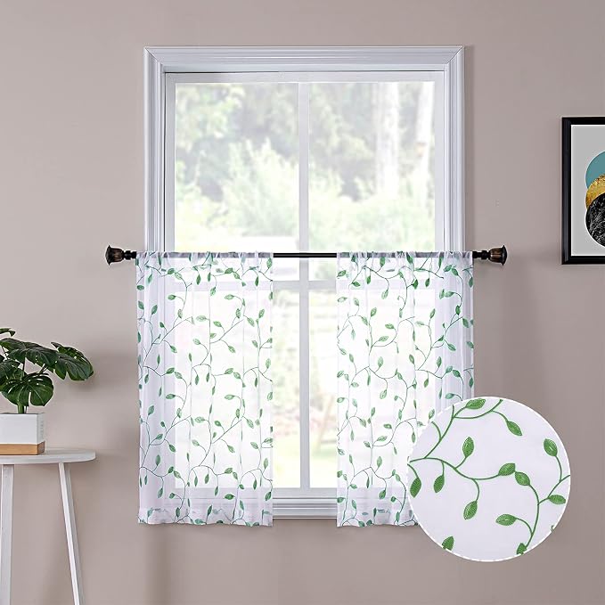 Tollpiz Leaves Short Sheer Tier Curtains Green Leaf Embroidery Kitchen Half by Tollpiz