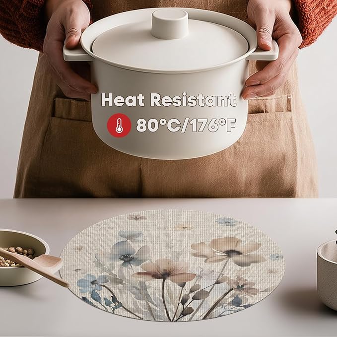 Artoid Mode Brown Poppy Floral Round Placemats Set of 4, 14 Inch Washable - Image 3