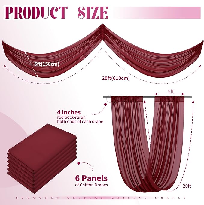 6 Panels Burgundy Ceiling Drapes - Image 2