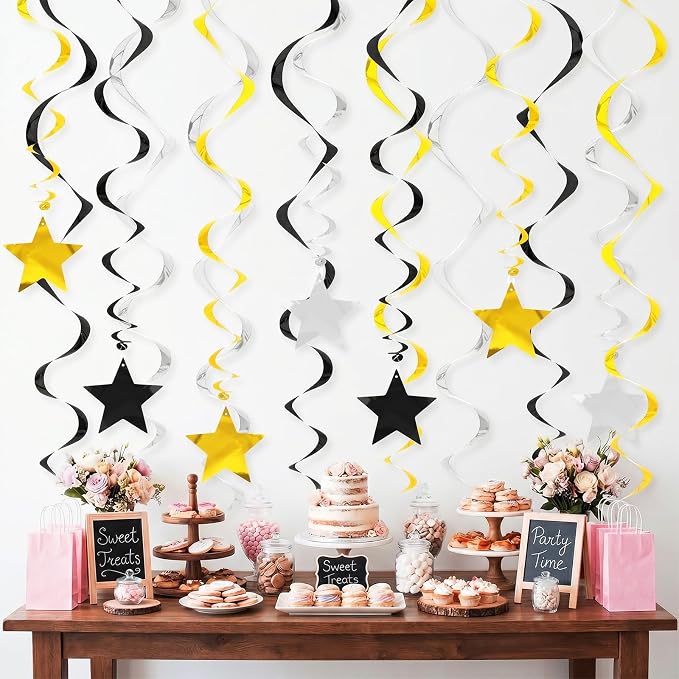 Silver Gold Black Star Hanging Swirl Decorations Ceiling Swirl Foil Decoration - Image 4