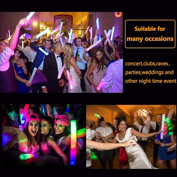 Foam Glow Sticks Bulk 100 Pack,3 Modes Flashing LED Light Sticks Glow in The Dark Party Supplies Light Up Toys for Parties Wedding Birthday Concert Christmas Halloween