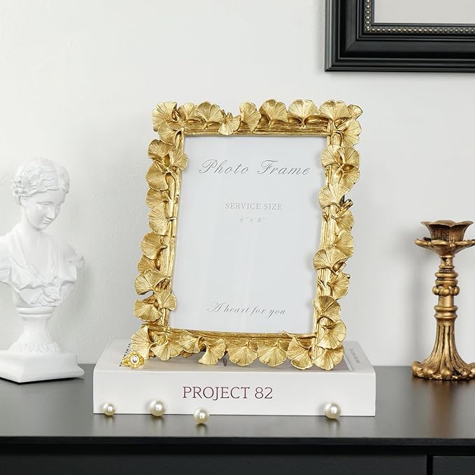 Cuspin 6x8 Picture Frame Gold, Vintage Ornate Leaf Textured Hand-Crafted Resin with Glass Front Antique Photo Frame for Tabletop Display, Retro Design Home Decor