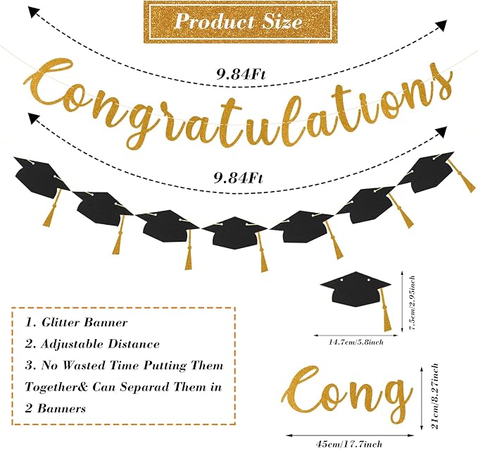 Class of 2026 Graduation Decorations Pre-Strung Glitter Congratulations Banner - Image 7