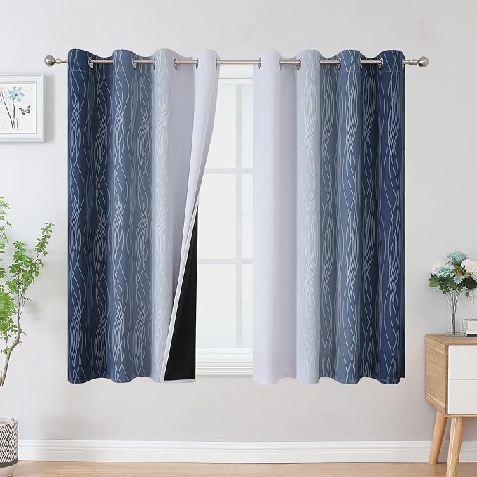 Full Room Darkening Greyish White and Navy Blue Blackout Curtains 45 Inch by ESTELARTEXTILER