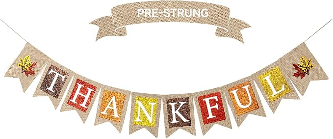 Thankful Burlap Banner, Pre-Strung Thanksgiving Banner Rustic Thanksgiving by Wakeys