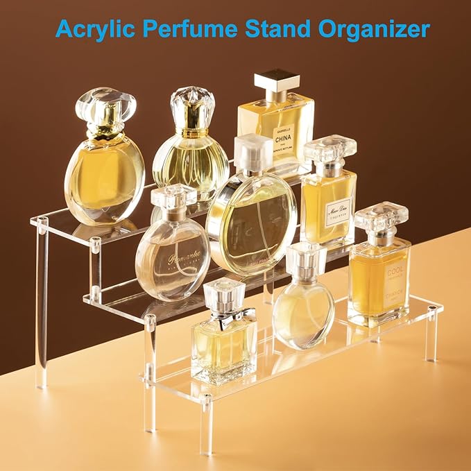 2PCS Large Acrylic Display Risers, Perfume Stand Organizer, Clear Acrylic Shelf Risers for Display Stands for Food, Tabletop Use, Amiibo Funko POP Figure, 3 Tier Clear Cupcake Stand Risers