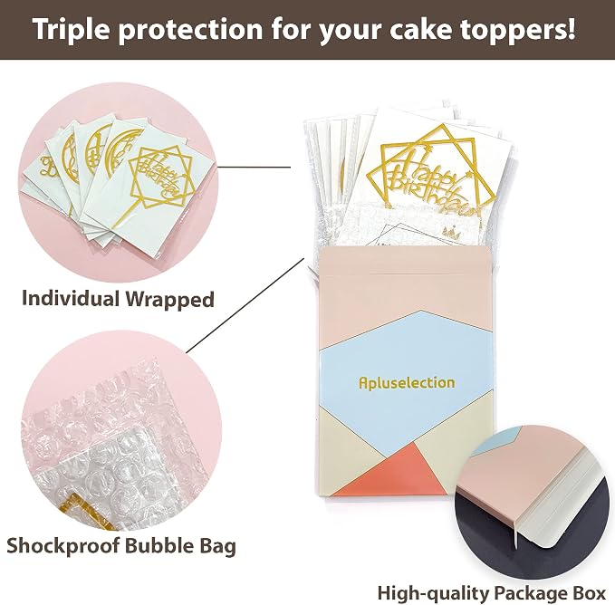 6-Pack Gold Cake Topper Set, Double-Sided Glitter, Acrylic Happy Birthday - Image 5