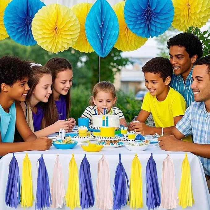 Yellow White and Blue Tissue Paper Tassels 30pcs Streamers Party - Image 3