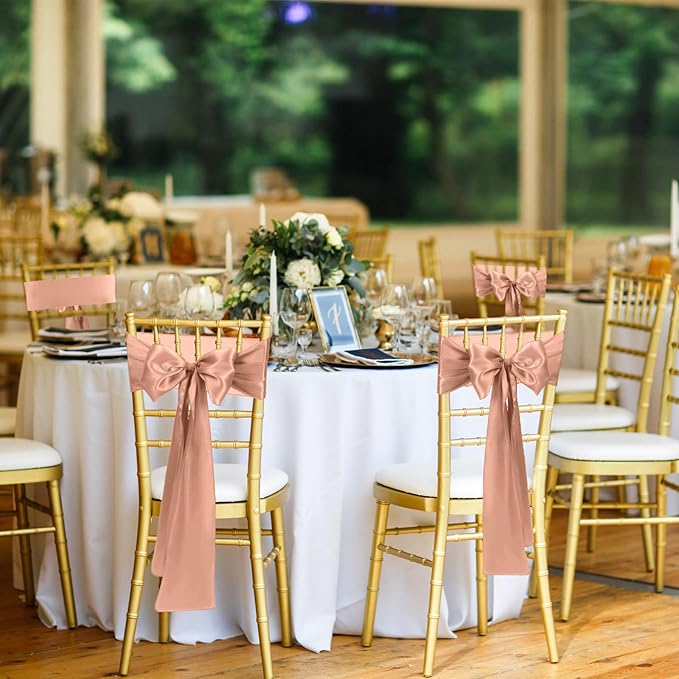 50 PCS Rose Gold Satin Chair Sashes Bows Universal Chair Ribbon Ties Back Sash for Wedding Party Reception Events Banquets Hotel Event Chair Cover Decoration (7x108 inch)