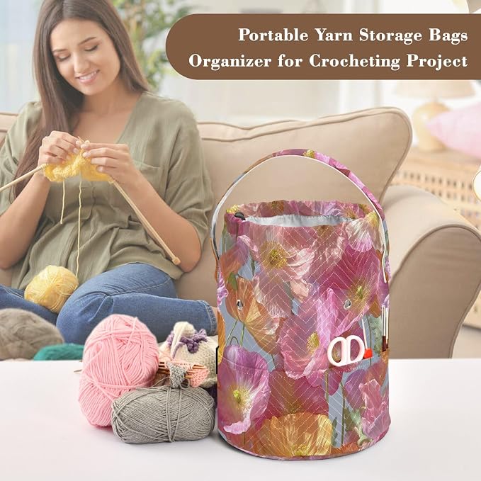 Pink Poppy Yarn Bag Small Crochet Bag Drawstring Yarn Storage Organizer - Image 4