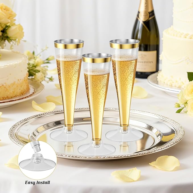 40 Pack Champagne Flutes Plastic Wine Glasses Disposable, 4.5 Oz Gold Rim Mimosa Glasses for 2025 Wedding Birthday Party Supplies, Bulk Toasting Cocktail Cups