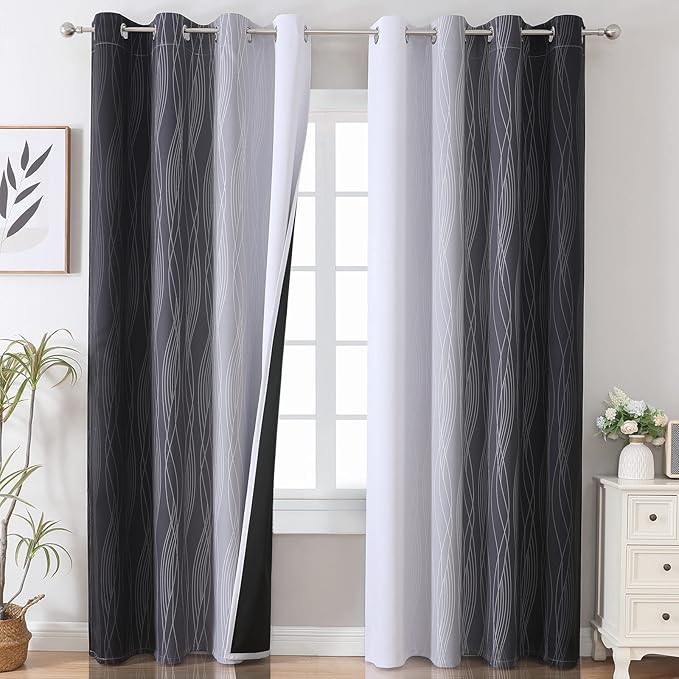 Black and Greyish White Blackout Curtains 108 Inches Long, Thermal Insulated by ESTELARTEXTILER