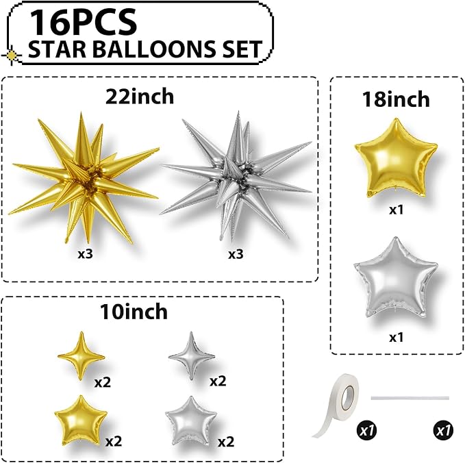 Gold Silver Star Balloons, 22/18/10 Inch Foil Balloons, Four-Pointed Balloon - Image 2
