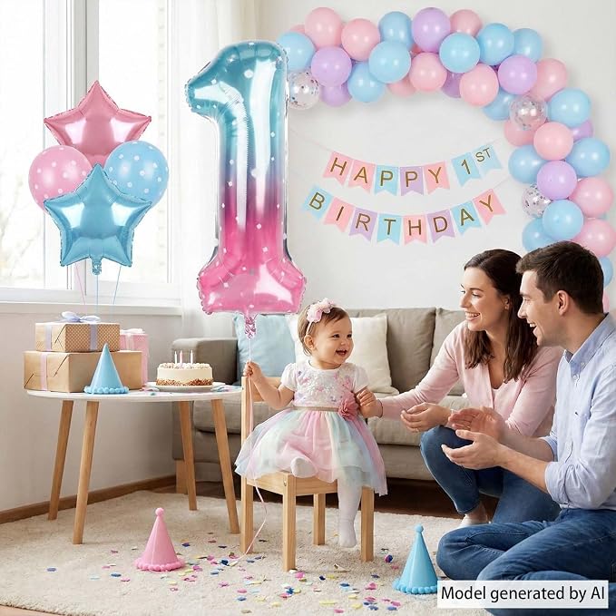 40 Inch Pink Blue Number 1 Balloon, Large Gradient Pink Blue Mylar Foil Number - Image 2