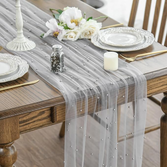 Artoid Mode Pearl Grey Gauze Table Runner 59x120 Inch, Seasonal Sheer Kitchen by ArtoidMode