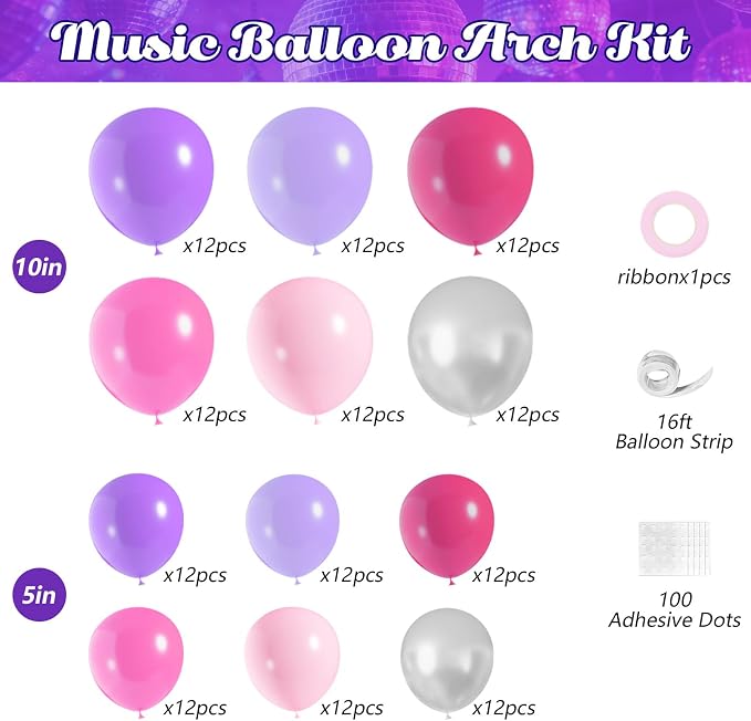JOGAMS 172Pcs K-Pop Music Balloon Arch Kit, Metallic Silver Purple Pink - Image 2