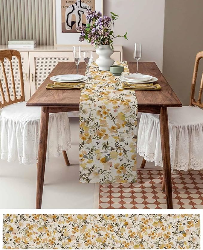 Vintage Orange Flower Cotton Linen Table Runner for Dining Kitchen, Wedding Outdoor Party Tablerunners Decoration, Farmhouse Botanical Floral Retro Dresser Scarf Coffee Tablecloth Runners 13''x120''
