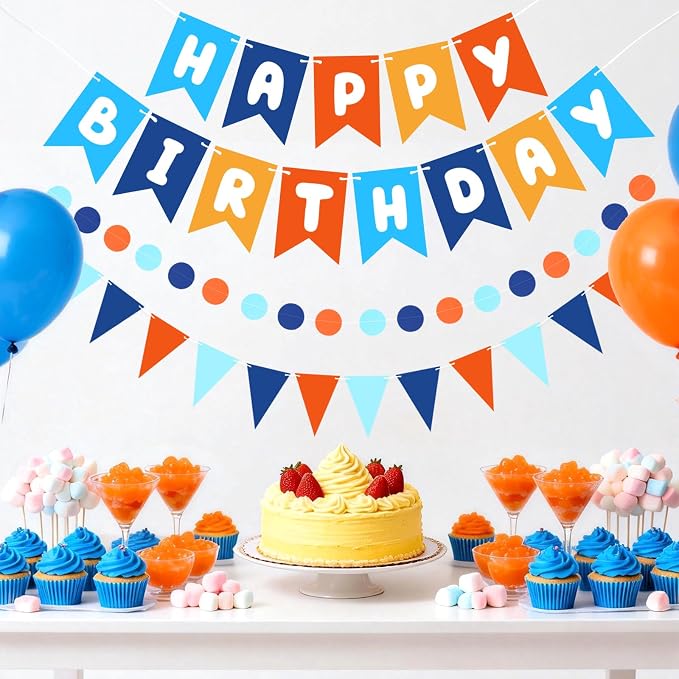 Blue & Orange Happy Birthday Banner, Happy Birthday Decorations Hanging - Image 2