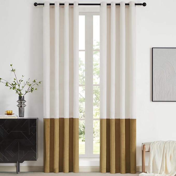 BULBUL Color Block Window Curtains Panels 72 inches Long Cream Ivory Gold by ModernShinyVelvetCurtains