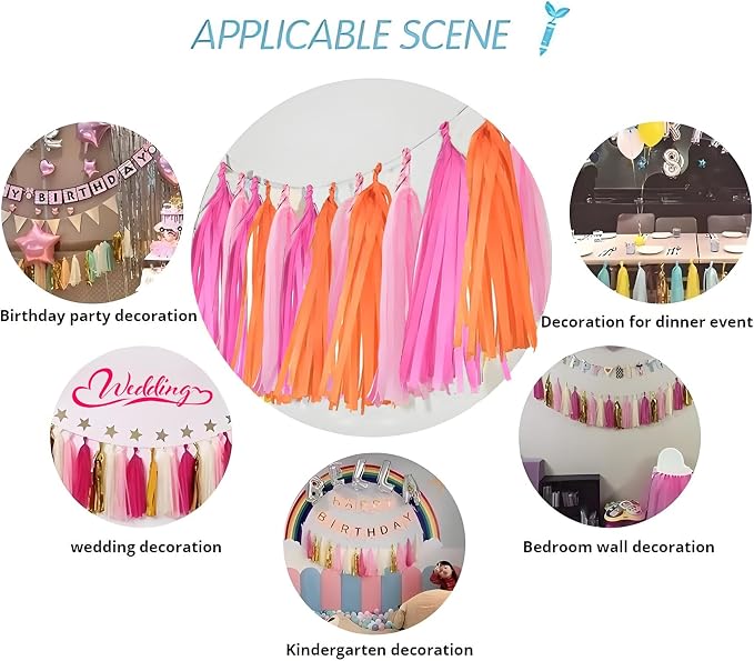 Hot Pink and Orange Pink Tissue Paper Fringe Garland - Image 4