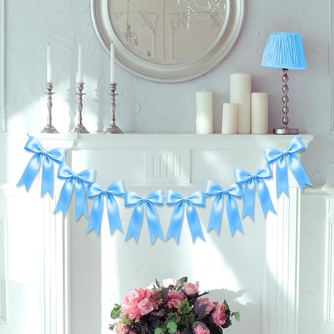 1 String of 8PCS Blue Bow Garland Banner Decoration, Pre-Strung Satin Ribbon - Image 7