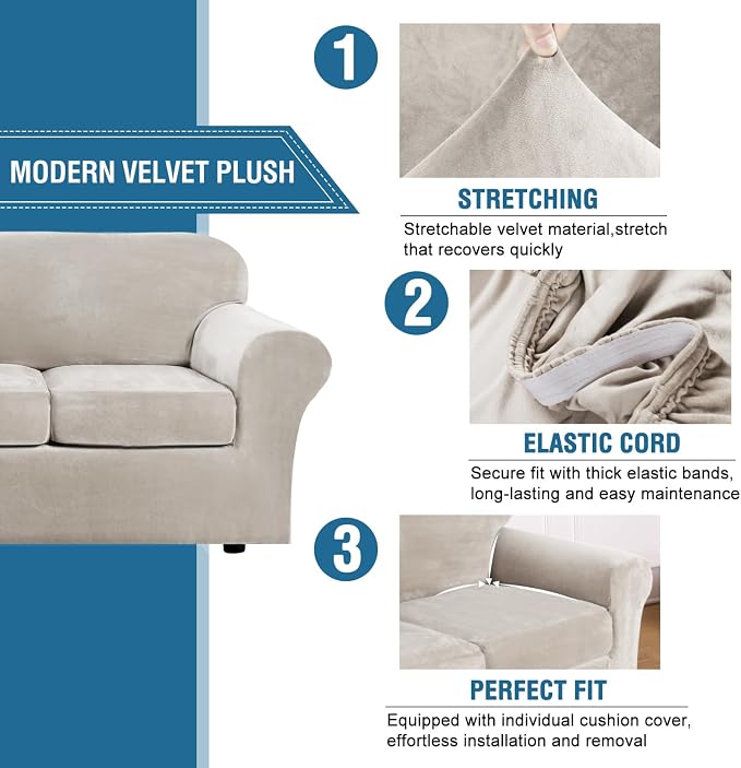 H.VERSAILTEX Real Velvet Plush 3 Piece Stretch Sofa Covers Couch Covers - Image 3