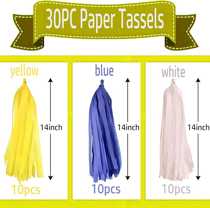 Yellow White and Blue Tissue Paper Tassels 30pcs Streamers Party - Image 2