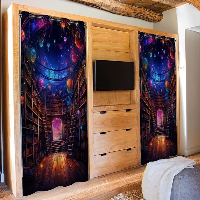 Bookshelf Door Curtain for Doorway Privacy, Colorful Fantasy Bookcase Library - Image 4