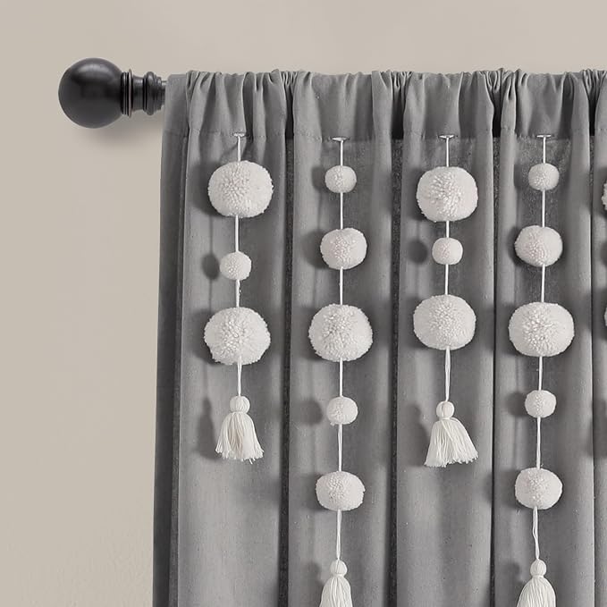 Lush Decor Boho Pom Pom Tassel Linen Textured Window Curtain Panel, Single 52" - Image 2
