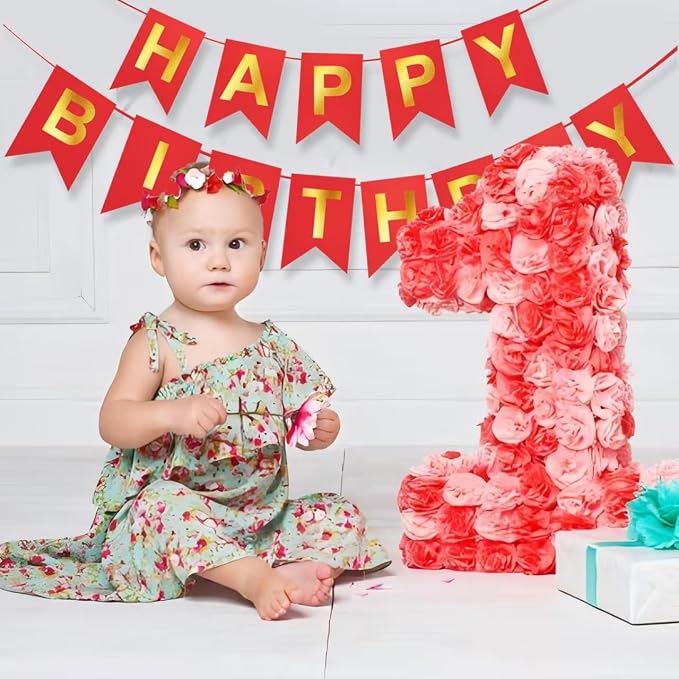 Red Happy Birthday Banner - 16 ft Pre-Strung Gold & Red Birthday Party - Image 2