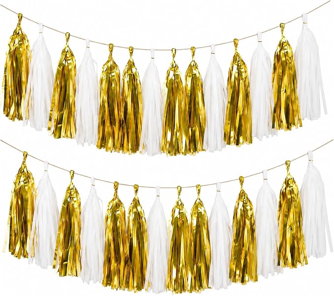 Gold White Tassel Garland Banner, 30 Pack Paper Tassels Streamers by SIPRKAICT
