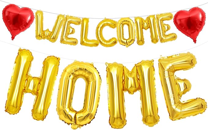 Welcome Home Balloons Red Gold, 40Inch HOME and 16Inch Welcome Foil Balloons by Xinvery