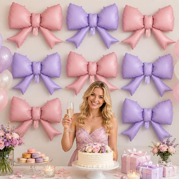 8Pcs Pink Purple Bow Foil Balloons, 21Inch Pink and Purple Bow Shaped Balloons - Image 6