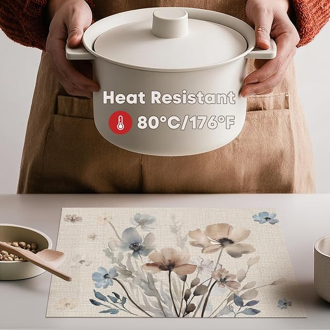 Artoid Mode Brown Poppy Floral Vinyl Plastic Placemats Set of 4, Washable - Image 3