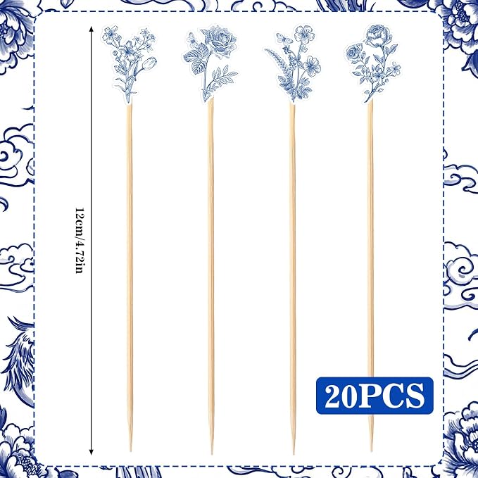 Bokon 200 Pcs Blue White Vintage Flower Cocktail Picks Bamboo Toothpicks Drinks - Image 3