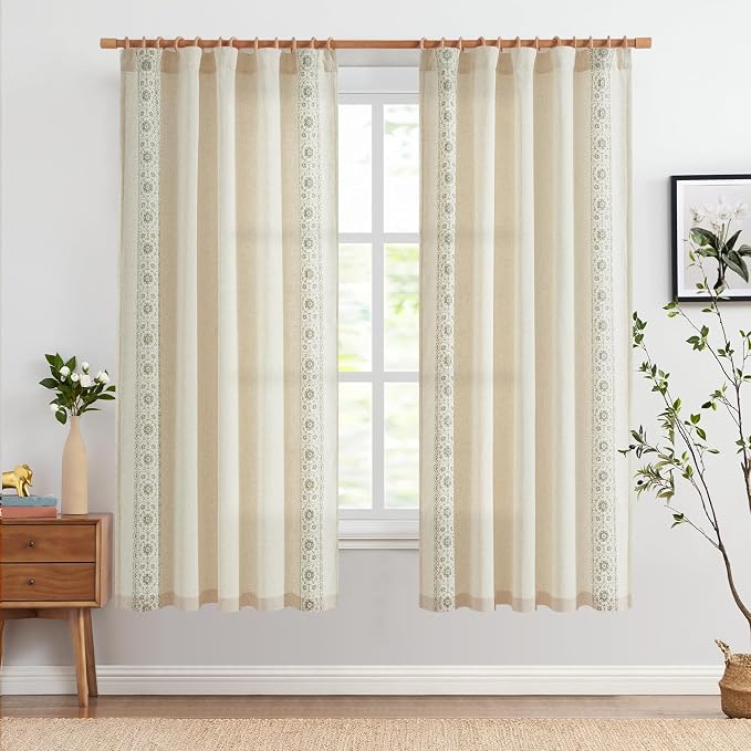 jinchan Floral Linen Curtains Embroidered Back Tab 50x72in 2 Panels Sage | - Image 3