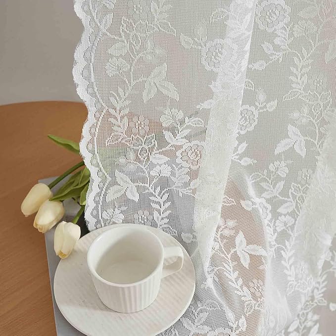 FINECITY Ivory Lace Curtains Rustic Leaf Floral 42 x 84 Inch, 2 Panels | Rod by FINECITY