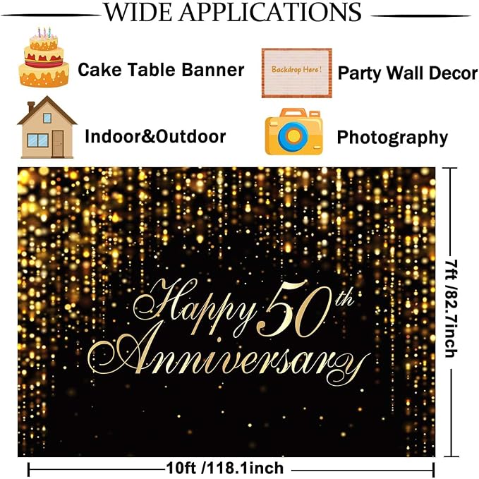 Happy 50th Anniversary Backdrop, 50th Wedding Anniversary Party Banner Black - Image 6