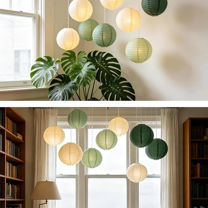 Boho Chinese Paper Lanterns LED Lights, Sage & Forest Green - Image 7