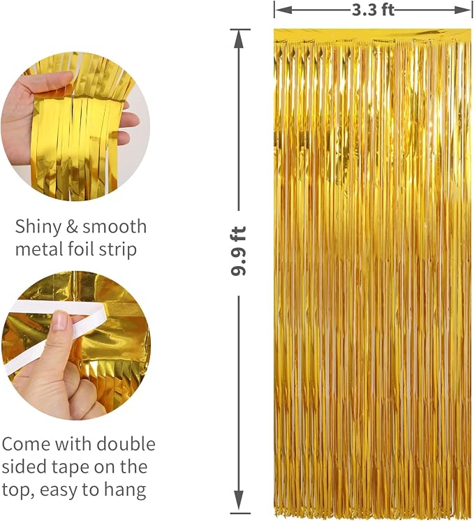 Crosize 2 Pack Gold Party Streamers Backdrop, 3.3 x 9.9 ft | Tinsel Foil Fringe - Image 2