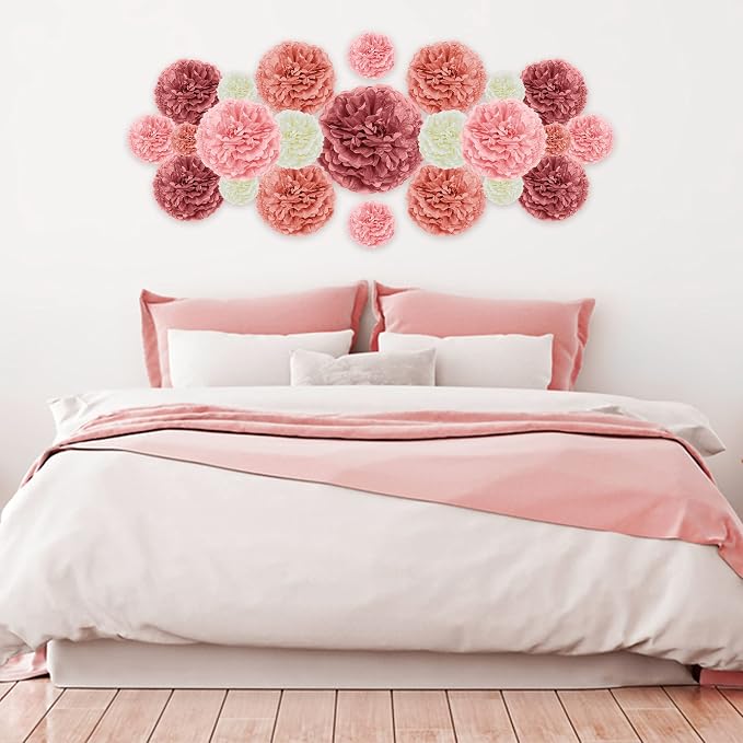 EpiqueOne 20 Piece Tissue Paper Pom Poms | Blush Pink, Dusty Rose, Mauve & - Image 3